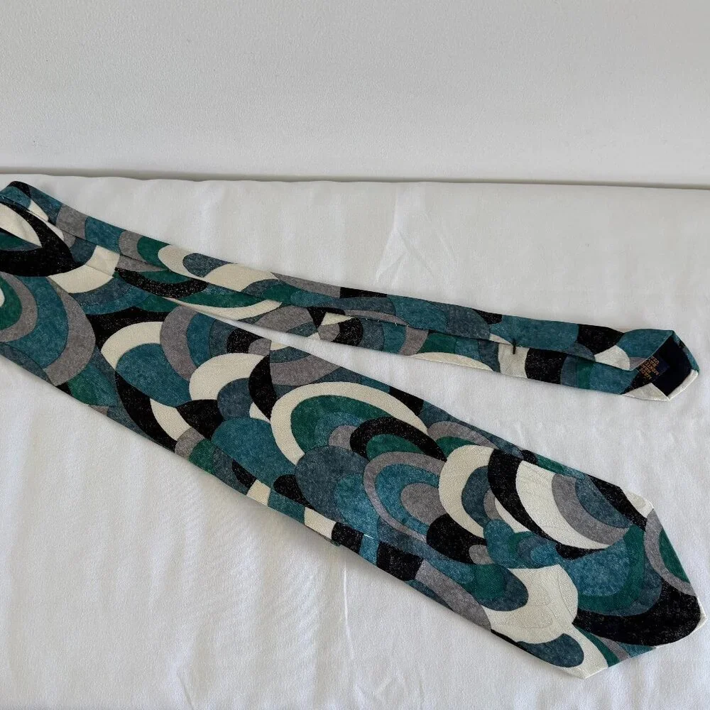 Vintage Valentino Pietro 100% Silk Abstract Print Turquoise Gray Black Tie